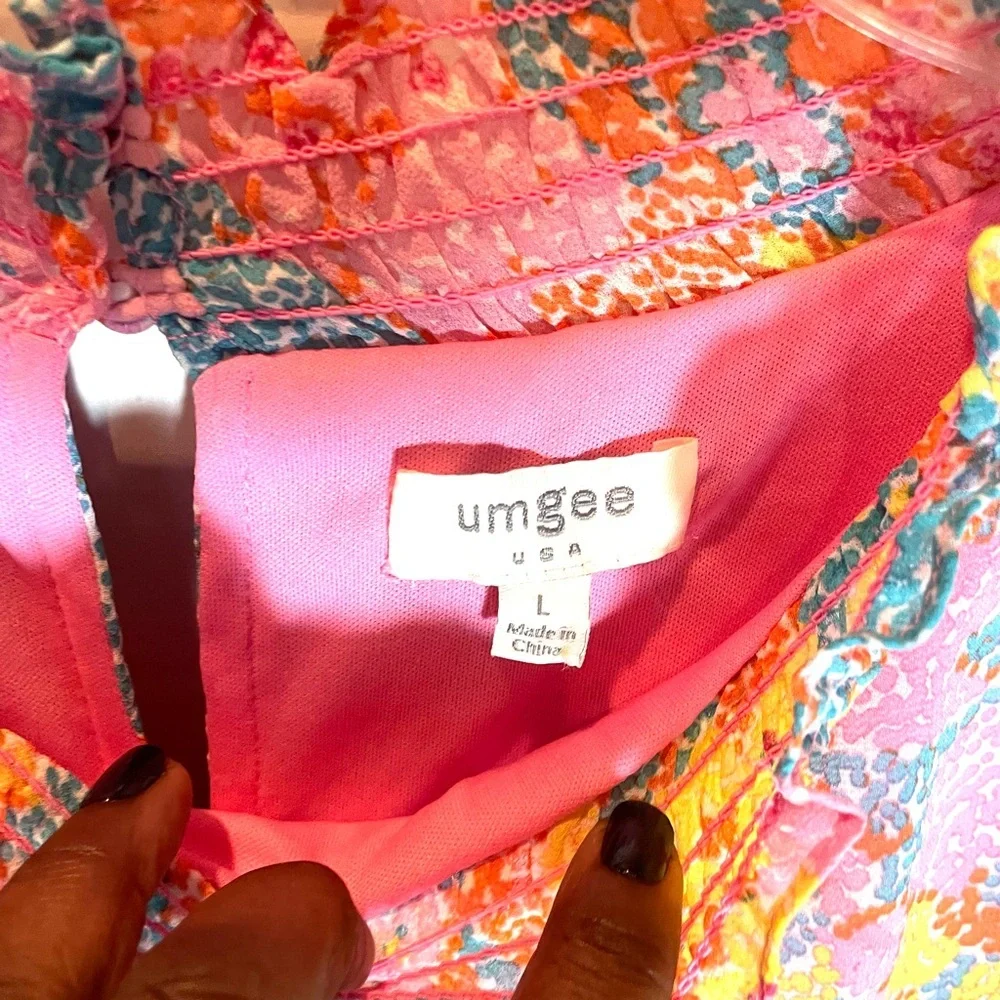 Umgee Floral Boho Shift Dress Size Large Pink Ruffle Neck Flowy Boutique - Picture 4 of 9